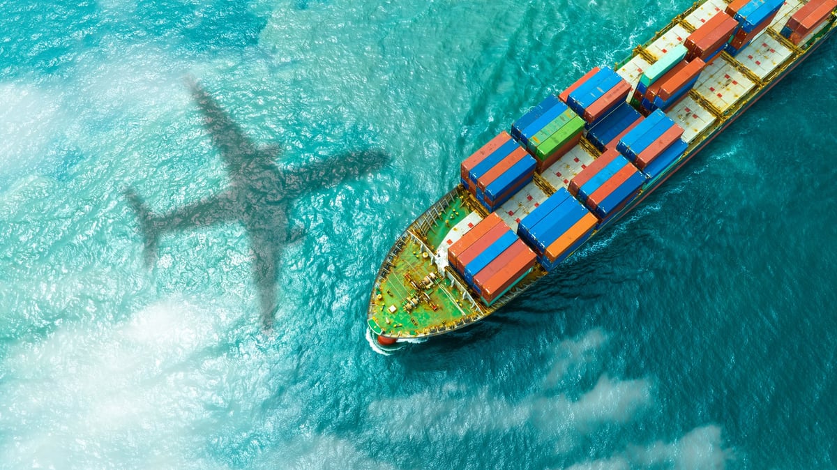 Aerial view of container ships in an international freight terminal